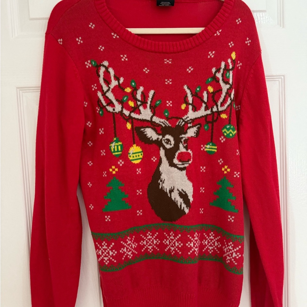 Well Worn Red Cowl Neck Sweater with Reindeer Design